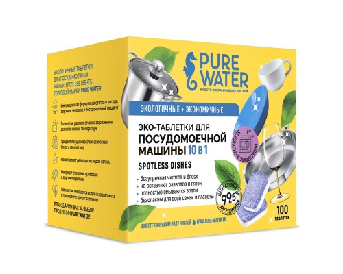Экологичные таблетки для посудомоечных машин Spotless Dishes Pure Water 100 шт, Mi&ko
