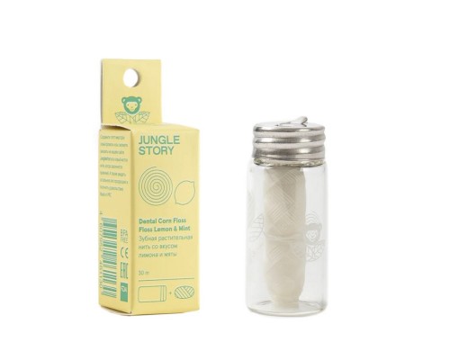 Мягкая Растительная зубная нить в стеклянном многоразовом диспенсере Лимон и мята Wite, Jungle Story